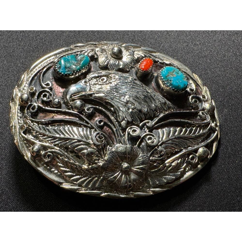 Vintage SSI Handcrafted Eagle Turquoise Coral Silver Plated Buckle